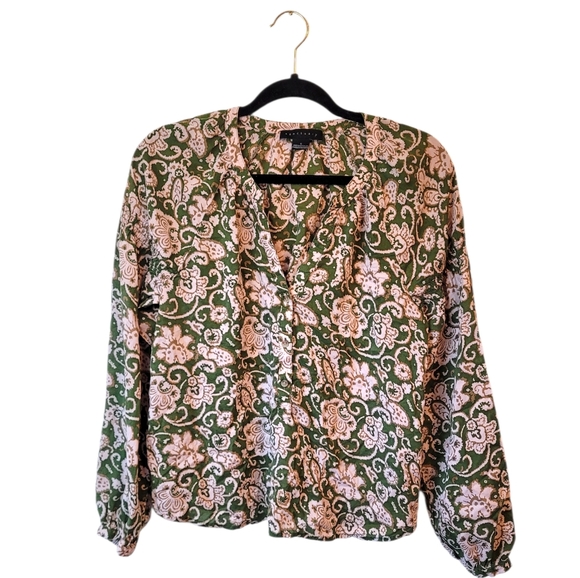 Sanctuary Tops - Sanctuary Green & Pink Floral Tencel Smocked Sleeve Blouse Women's Size S